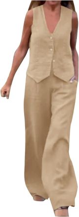 Generic Women Blazer 2 Piece Outfits Formal Cotton Linen V Neck Sleeveless Button Vest Waistcoat and Wide Leg Pants Set Blazer Suits Business Suit Summer Matc