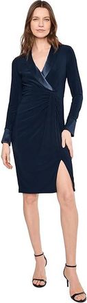 Adrianna Papell Combo Shawl Collar Midi Dress Womens Dress Midnight : 14, Elastane/Polyester