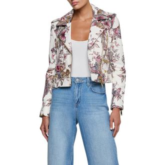 L'agence Blakely Butterfly Leopard Print Crop Leather Biker Jacket in White Multi Butterfly at Nordstrom, Size Large
