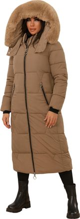 Jess Design Mens Womens Long Puffer Coat with Faux Fur Hood & Zip Pockets - Camel - Size X-Large