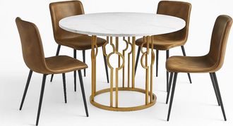 Urban Meuble Conjunto de comedor: mesa redonda blanca y 4 sillas marrones