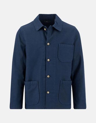 Fynch-Hatton Mens Linen Blend Twill Worker Jacket Overshirt Dark Navy - Size: 46/Regular