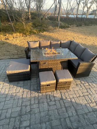 Fimous High Back Rattan Garden Furniture Sets Gas Fire Pit Dining Table Right Corner Sofa Small Footstools Chair 9 Seater in Dark Grey