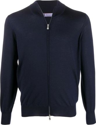 Brunello Cucinelli Truien & Vesten, Heren, Blauw, M, Wol, Blauwe Gebreide Cardigan Met Rits