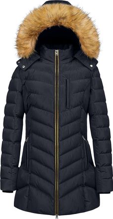 Generic Womens Long Fur Trimmed Hooded Padded Puffer Parka Ladies Warm Winter Jacket Coat Lightweight Zipped Pockets Easy to Packaway Waterproof Windproof Out