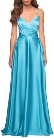 La Femme Bright Satin Gown with Criss-Cross Ruched Top in Cloud Blue at Nordstrom, Size 10