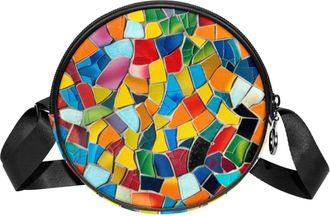 Generic Circle Crossbody Bag for Women, Colorful Plaid Small Sling Bag Daypack with Zipper Adjustable Shoulder Straps Casual Ladies Girls Round Purse