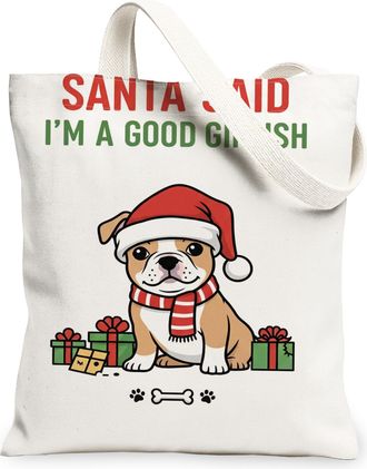 Generic Christmas Dog Canvas Tote Bags, Holiday Animal Design Pattern Reusable Bags, Festive Vintage Lightweight Washable Canvas Fo, White, 13x15 Inch