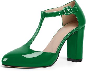 EDEFS Womens Green Patent Mary Jane Heels with T Strap 3.5 Inch Block Heel Court Shoes Closed Toe Dress Heels for Party Wedding and Work UK2