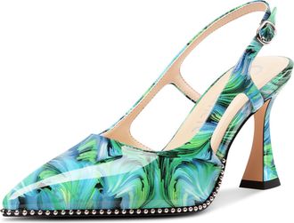 Castamere Womens Slingback Chunky High Heels Close Pointed Toe Dressy Pumps Wedding Party Shoes 9 CM Heels Green Vortex 3.5 UK