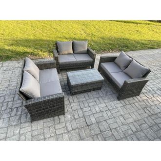 Fimous Dark Grey 6 Seater Outdoor Rattan Garden Furniture Set Patio Love Sofa Rectangular Coffee Table Set - Fimous