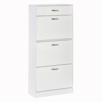 HOMCOM Shoe Cabinet with 4 Drawers Storage Cupboard with Flip Doors Pull Down Furniture Unit with Adjustable Shelves for 18 Pairs White Organizer - Home Livi