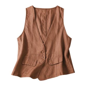Generic HUIFUAO Womens Vest Brown Linen Waistcoat Tops Lightweight V Neck Sleeveless Blazers Office Work Trendy Suit Jacket Gilets Tank Dressy Button Down Shi