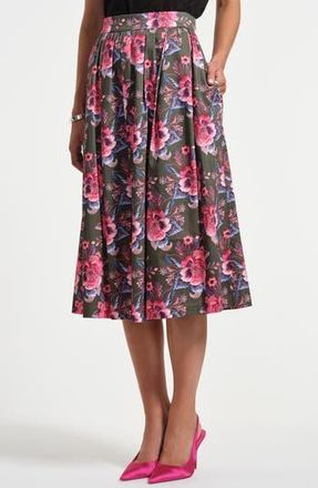Isaac Mizrahi New York Stretch Cotton Sateen Midi Skirt in Trompe Loeil Floral at Nordstrom Rack, Size 10
