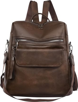 Generic Large PU Backpack - Large Backpack For Women | Versatile Fashion Bag With Zipper Pendant And Tassel Travel Shoulder Bag For Outdoor Activities, brown,