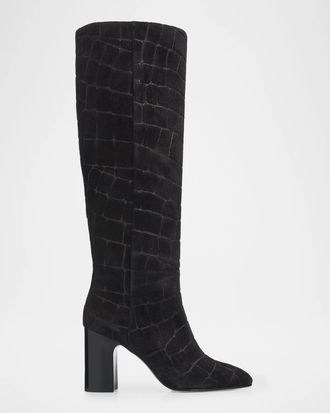 Stuart Weitzman 85mm Mulberry Croc-Embossed Suede Knee-High Boots