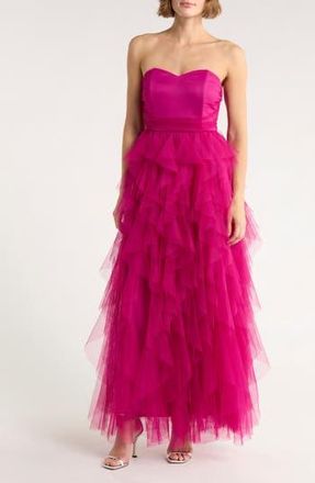 Chelsea28 Strapless Tiered Tulle Gown in Pink Plumier at Nordstrom Rack, Size Large