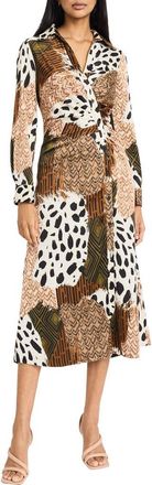 Donna Morgan Print Long Sleeve Shirtdress in Cinnamon/Deep Olive at Nordstrom Rack, Size 16