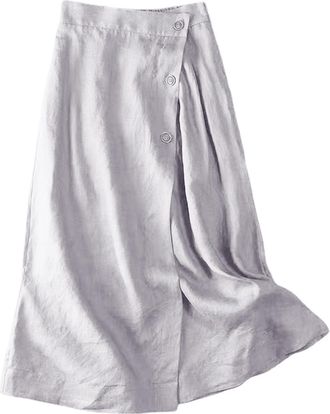 Generic Summer Skirts for Women UK - Ladies Cotton Linen Casual Loose Boho Elastic Waist A-Line Beach Flowy Swing Vacation Midi Skirt,White,L,u666k