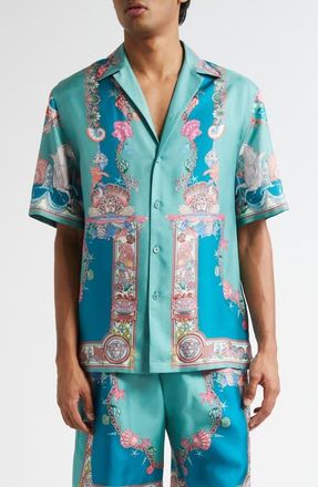 Versace Coral Theater Silk Twill Camp Shirt in Sea Green Dark Sea Green at Nordstrom, Size 40 Us