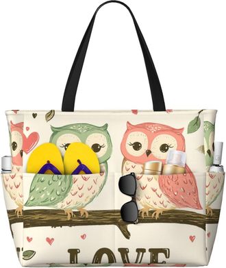 Generic Cute Owl Heart Print Large Beach Bag Foldable Travel Shoulder Tote Bag With Pocket For Weekender Pool Vacation