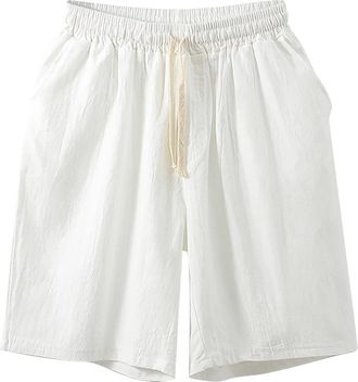 Generic Cotton Linen Shorts Men Elasticated Waist Drawstring Casual Short Solid Color Half Pant with Pocket Breathable Lightweight Short Plus Size Summer Shor