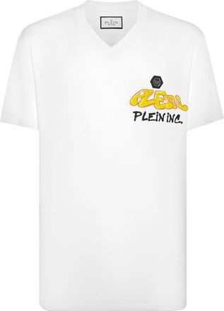 Philipp Plein T-shirt V Neck SS Bombing Graffiti - Heren - T-shirts - Wit - 2XL - Katoen - Tops