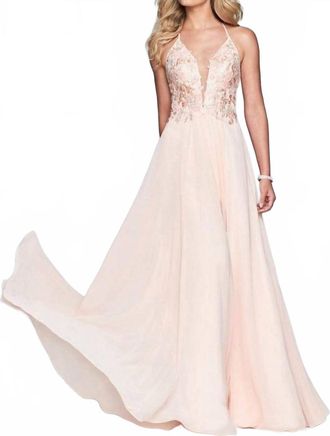 Faviana Halter Lace Up Back Gown In Light Peach
