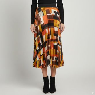 Carolina Herrera Colour Block Abstract Print Satin Plisse Midi Skirt