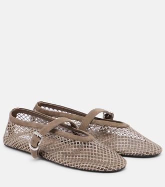Alaia Ala&iuml;a Embellished suede-trimmed fishnet ballet flats