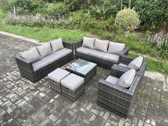 Fimous 10 Seater Rattan Garden Furniture Sofa Set with 2 Armchairs Square Coffee Table 2 Small Footstools Indoor Side Table in Dark Grey
