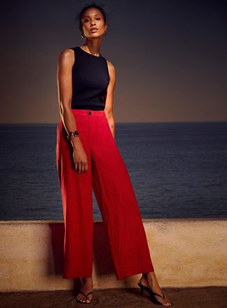 Contemporaine Womens Patch pockets pure linen pant Fit: Wide leg, high rise