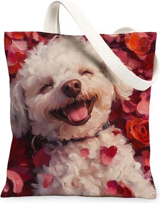 Generic Valentines Day Bichon Frise Dog Canvas Tote Bag for Shopping 13x15, Lover Rose Puppy Reusable Grocery Print Pattern Bag for Women, Pet Beach Aesthetic