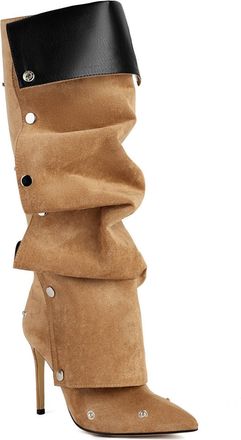 Generic Womens Stiletto High Heel Long Boots with Studded Pointed Toe Knee High Boots Faux Suede Casual Boot with Zipper,Apricot,2.5 UK
