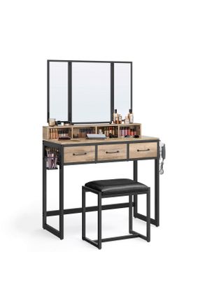 Boxxx Schminktisch, Schwarz, Eichefarben, Metall, Vintage, 3 Schubladen, rechteckig, eckig, Flachrohr, 40x141x90 cm, Schlafzimmer, Schminktische