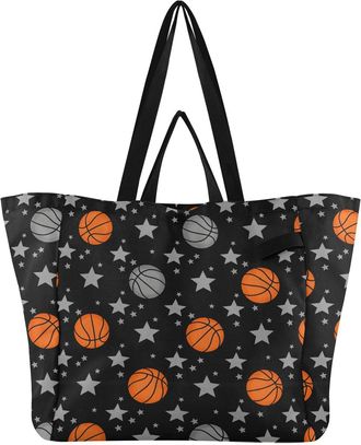 Generic Basketball Black pattern Reusable Canvas Tote Bag, Heavy Duty Grocery Shopping Bag with Large Capacity Hard Bottom Double Handles Work Groceries Trave