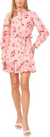 CeCe by Cynthia Steffe Ruffle Floral Print Tie Waist Shirtdress in Coral Bloom at Nordstrom, Size 14