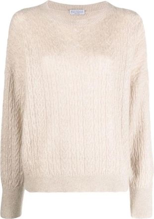 Brunello Cucinelli Bruine Metallic Kabel Gebreide Trui - Dames - Ronde hals truien - Beige - XS - Wol - Truien & Vesten