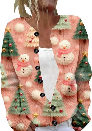 Generic Christmas Cardigans for Women UK, Lightweight Long Sleeve Xmas Sweater, Casual Knitted Cardigans Tops, Funny Novelty Graphic Button Sweaters, Christma
