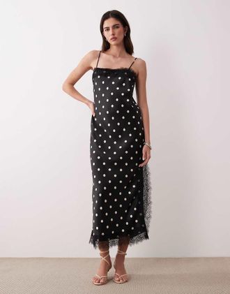 Nobody's Child Betsi - Vestito midi in raso nero a pois con finiture in pizzo