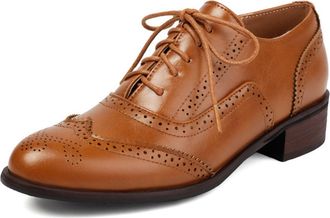 Generic Womens Multi Tone Oxford Lace Up Shoes with Wingtip Brogue Perforation Round Toe Low Chunky Heel Cushioned Insole Durable Vintage Style,Yellow,5.5 UK