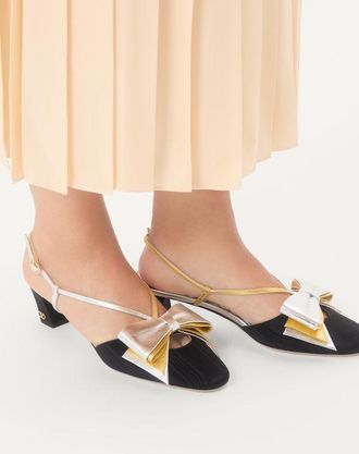 Valentino Garavani Décolleté Slingback Bowow In Tessuto Moirè 45Mm Donna NERO/SILVER/ANTIQUE GOLD 35.5