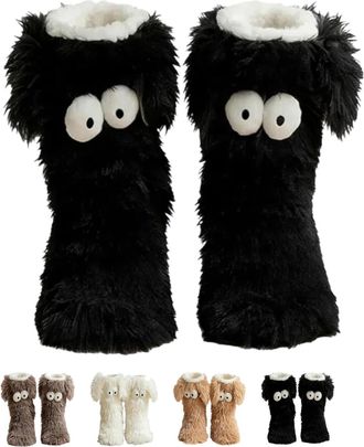 Generic Slipper, Womens Fuzzy Warm Non-Slip Slipper Socks with Cute Big-Eyes Design for Winter Home Wear (Black)