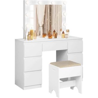 Woltu Tocador Con Espejo, Mesa De Maquillaje Con 7 Cajones Y Taburete De Almacenamiento, Estaci&oacute;n De Maquillaje, Blanco - Woltu