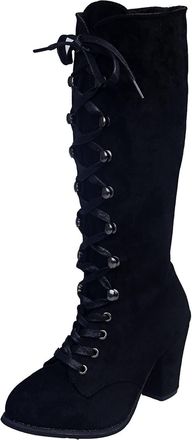 Generic Women Knee High Boots High Heels Mid Calf Military Combat Biker Boot Ladies Lace Up Long Boots Casual Daytime Spring Winter Elegant Shoes