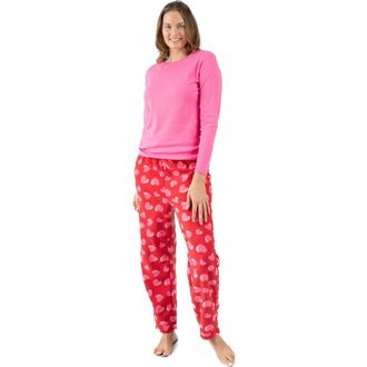 Leveret Womens Cotton Top & Fleece Pants Printed Matching Family Holiday Pajama Set in Heart at Nordstrom, Size X-Small