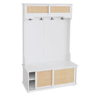Hhg Appendiabiti Hhg-655, Guardaroba Organizer Da Ingresso In Legno, Melamina E Rattan Kubu 163x100x47 Cm, Bianco