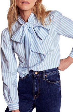 Boden Stripe Tie Neck Cotton Button-Up Shirt in Glacier Blue And Ivory Stripe at Nordstrom Rack, Size 4