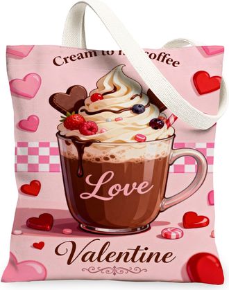 Generic ValentineS Love Canvas Tote Bags, Heart Pattern Reusable Grocery Bags, Cute Lightweight Washable Shoulder Strap Canvas for, Peach, 13x15 Inch