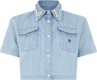 Philipp Plein Overhemden, Dames, Blauw, M, Denim, Chambray Cropped Shirt Crystals